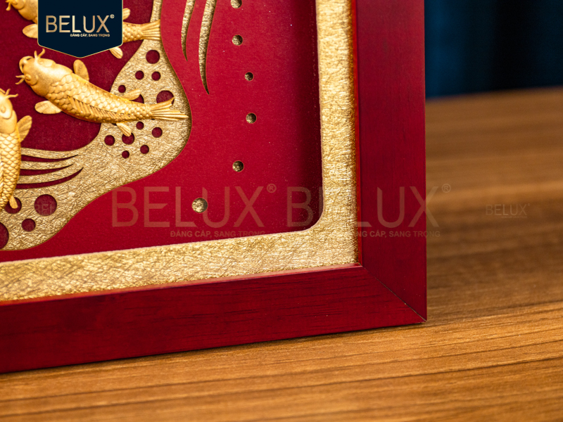 Tranh Cửu Ngư Quần Hội Dát Vàng 24k Nền Đỏ